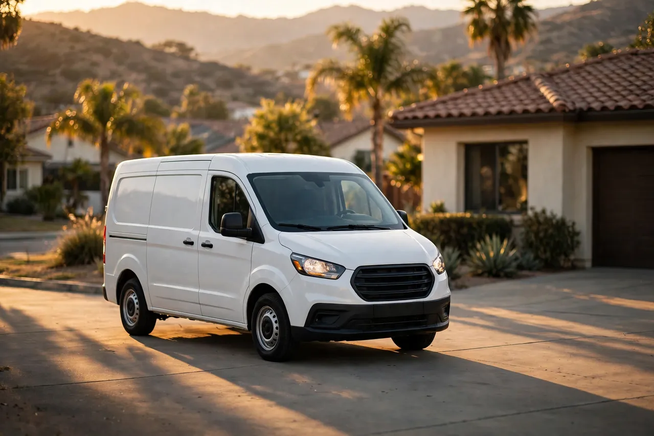 A service van pulling into a suburban driveway at golden hour